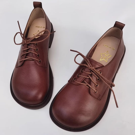 Women's Handmade Wide Toe Box Leather Lace-Up Casual Flat Shoes