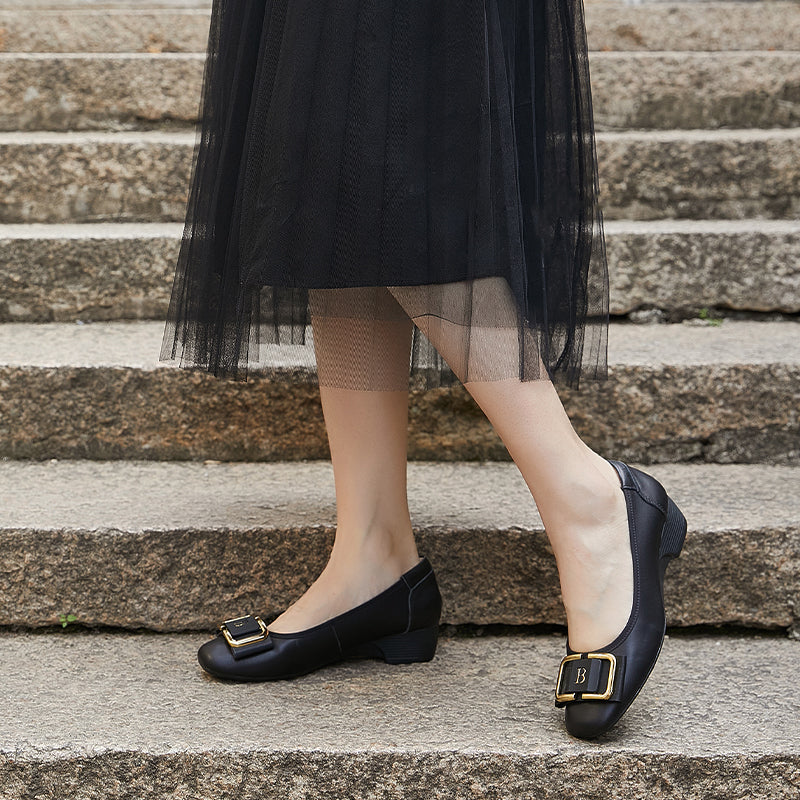 Women's Leather Low Heel Metal Buckle Embellished Pump