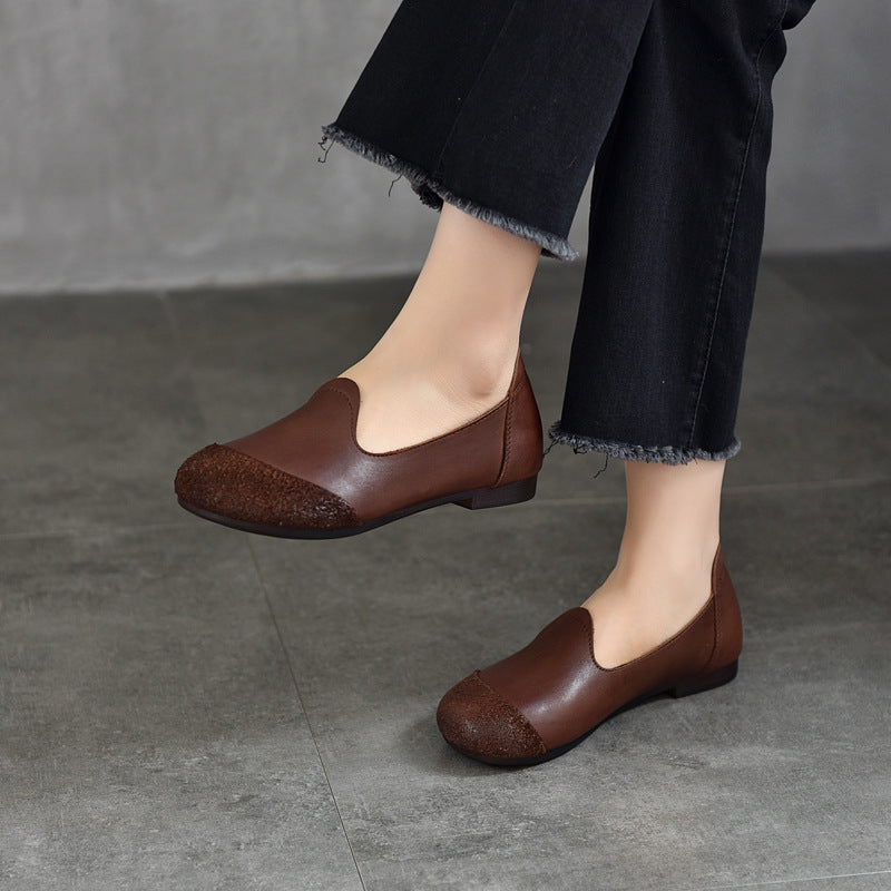 Handmade Leather Vintage Round Toe Patchwork Ballet Flat Shoes Women's Shoes