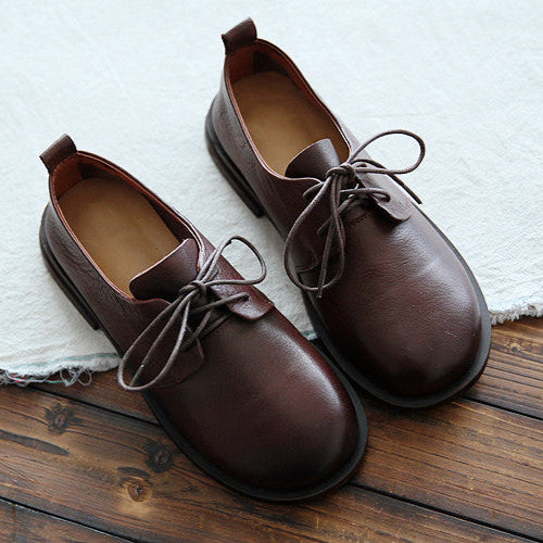 Women's Comfortable Genuine Leather Round Toe Lace-Up Casual Flats