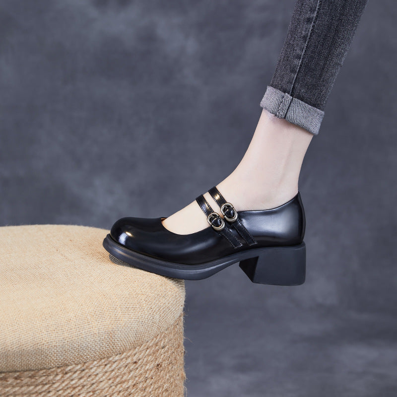 Double Buckle Leather Block heel Mary Jane Pumps Women's Shoes