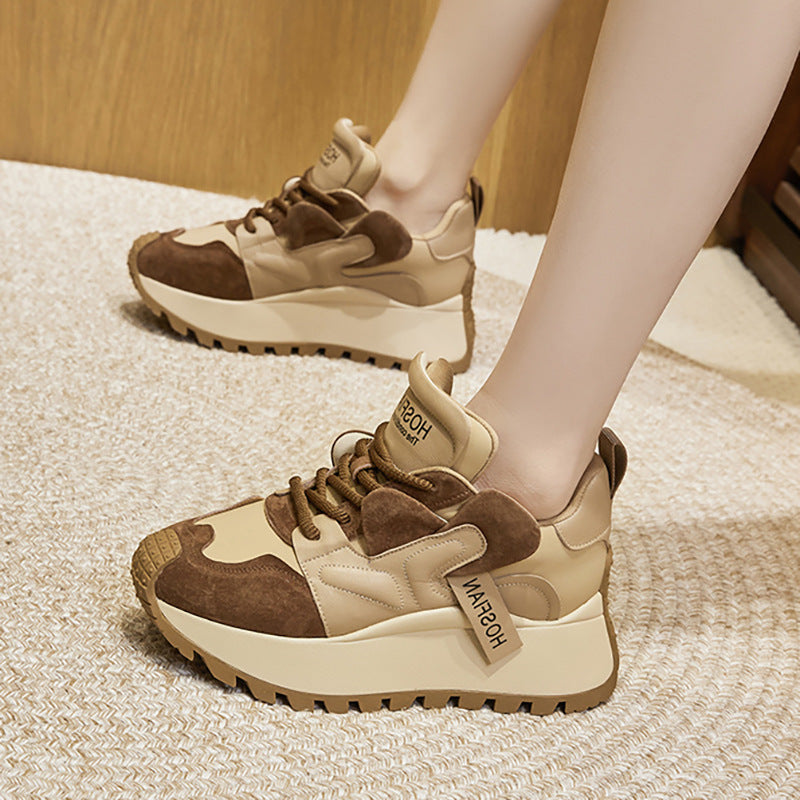 Women's Platform Leather Sneakers – Casual Cowhide Chunky Sole Trainers
