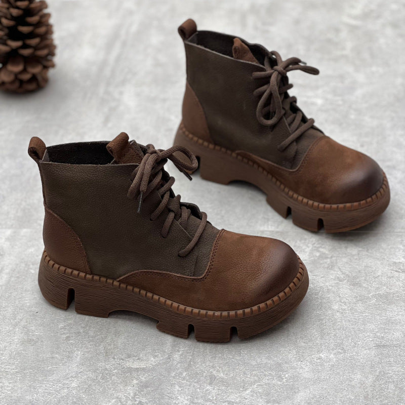 Women's Vintage Leather Patchwork Platform Ankle Boots – Lace-Up Non-Slip