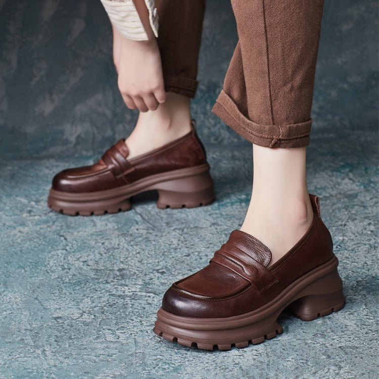 Womens Genuine Leather Heeled Platform Casual Loafers