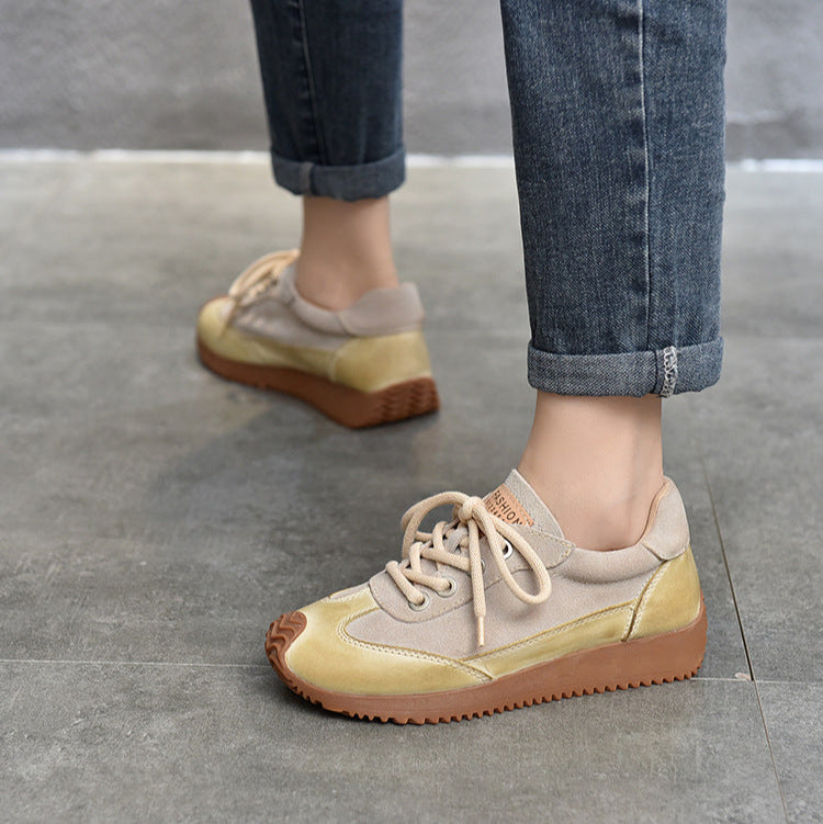 Women's Leather Patchwork Sneakers – Retro Casual Shoes