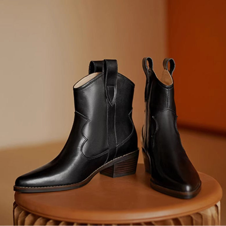 Women's Genuine Leather Western Ankle Boots – Pointed Toe & Block Heel