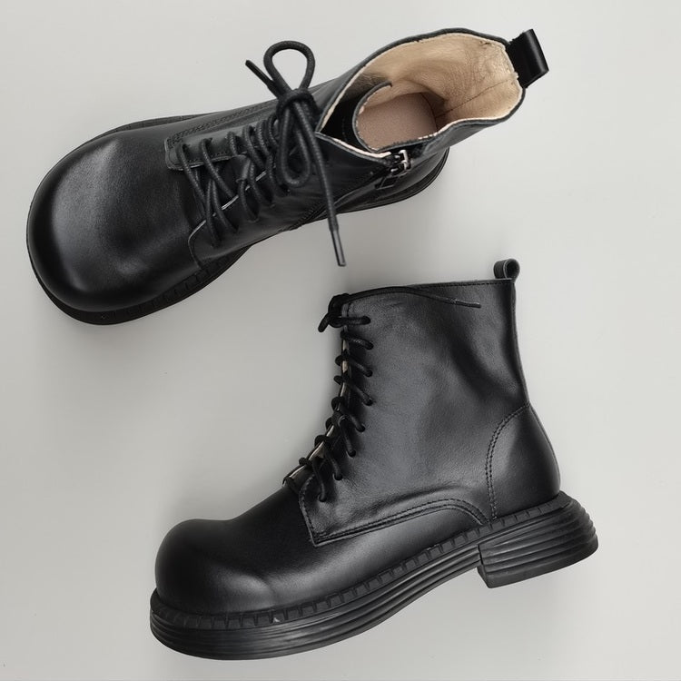 Women's Genuine Leather Wide Toe Ankle Boots – Lace-Up & Zipper Martin Boots