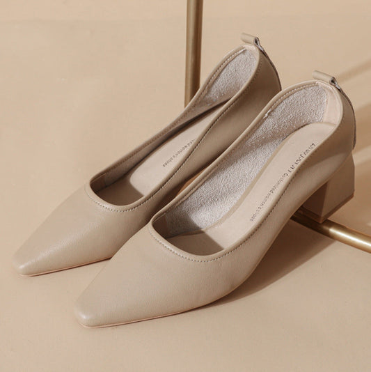 Women's Leather Pointed Toe Minimalist Mid Heel Pump