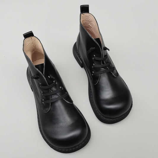 Women's Vintage Wide Toe Leather Derby Ankle Boots – Lace-Up Short Shoes
