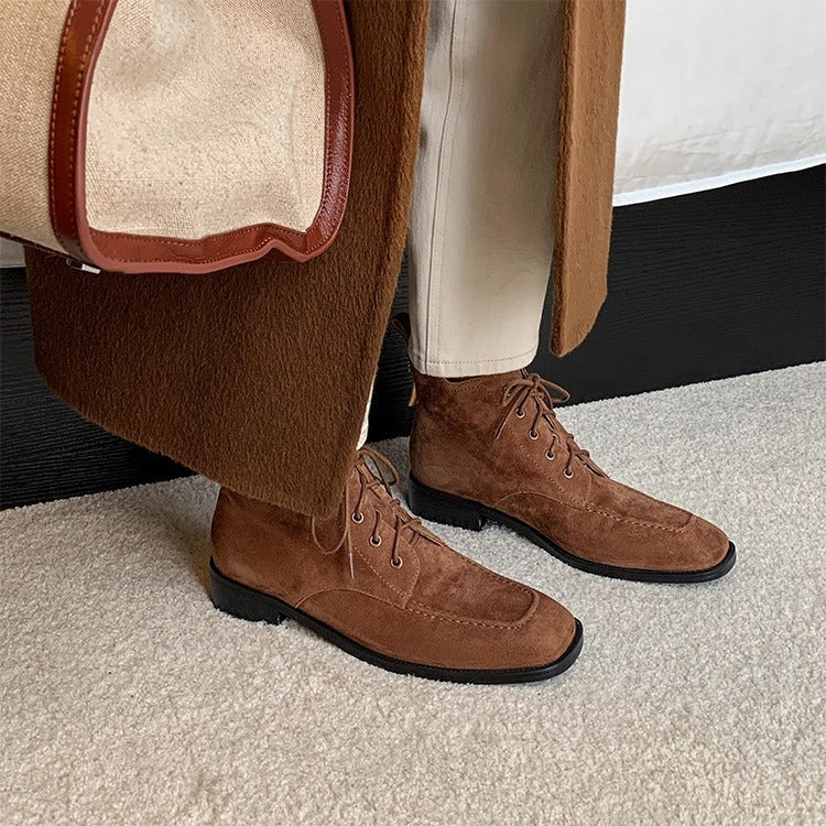 Women's Suede Square Toe Ankle Boots – Lace-Up Low Heel Stylish Style