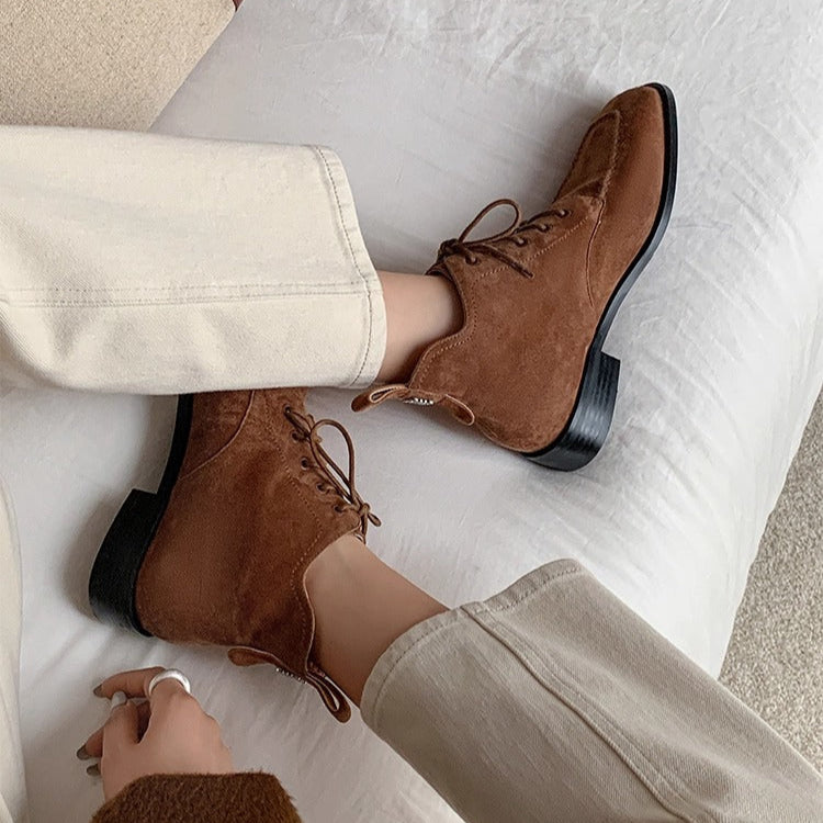 Women's Suede Square Toe Ankle Boots – Lace-Up Low Heel Stylish Style