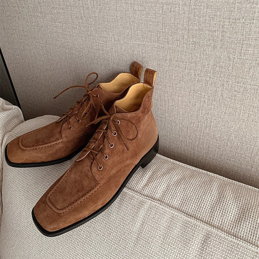 Women's Suede Square Toe Ankle Boots – Lace-Up Low Heel Stylish Style