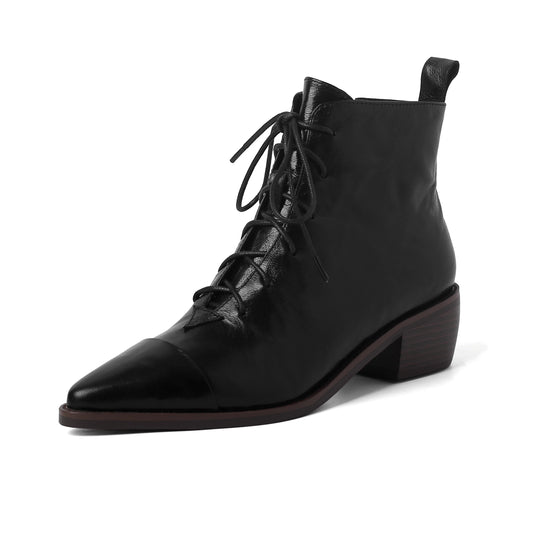 Women's Leather Lace-Up Ankle Boots – Pointed Toe & Block Heel