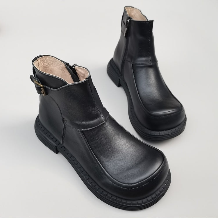 Women's Vintage Wide Toe Derby Boots – Handmade Leather Zipper Short Boots