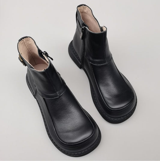 Women's Vintage Wide Toe Derby Boots – Handmade Leather Zipper Short Boots