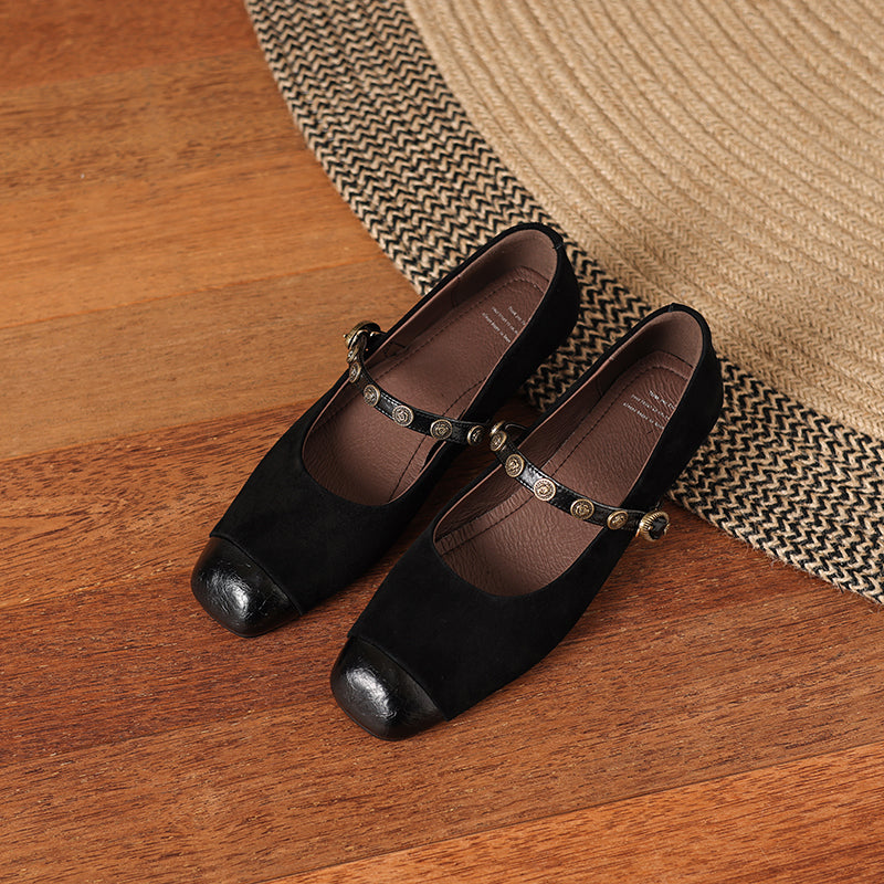 Women's Retro Patchwork Suede Buckle Up Low Heel Mary Jane Shoes
