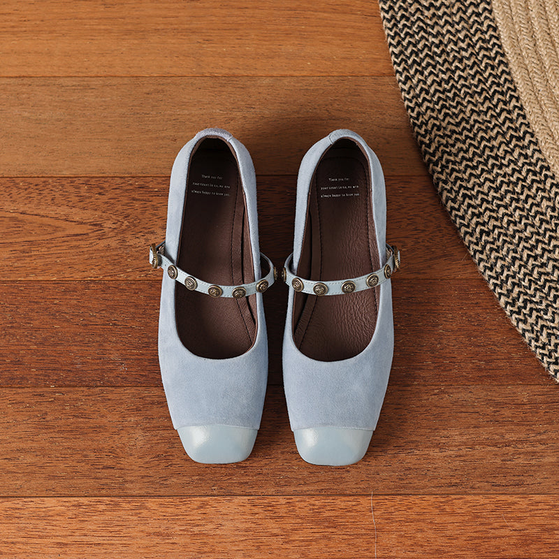 Women's Retro Patchwork Suede Buckle Up Low Heel Mary Jane Shoes