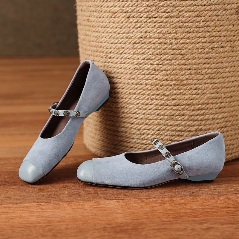 Women's Retro Patchwork Suede Buckle Up Low Heel Mary Jane Shoes
