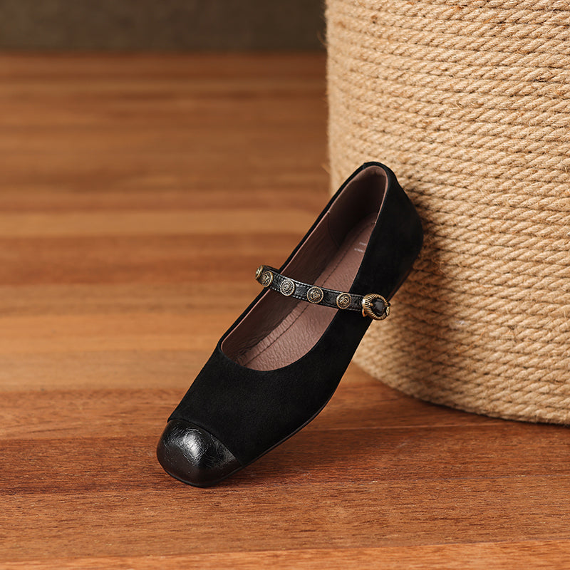 Women's Retro Patchwork Suede Buckle Up Low Heel Mary Jane Shoes