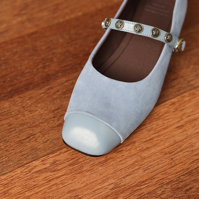 Women's Retro Patchwork Suede Buckle Up Low Heel Mary Jane Shoes