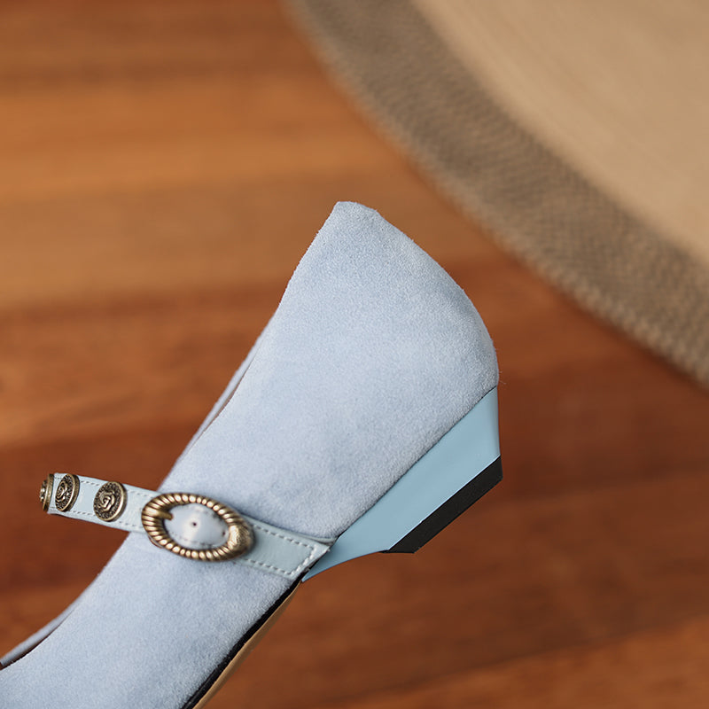 Women's Retro Patchwork Suede Buckle Up Low Heel Mary Jane Shoes