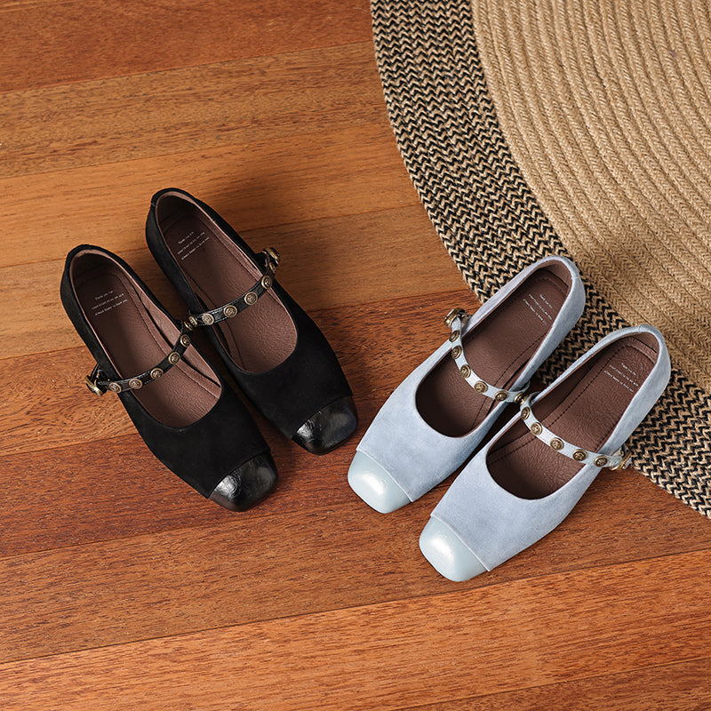 Women's Retro Patchwork Suede Buckle Up Low Heel Mary Jane Shoes