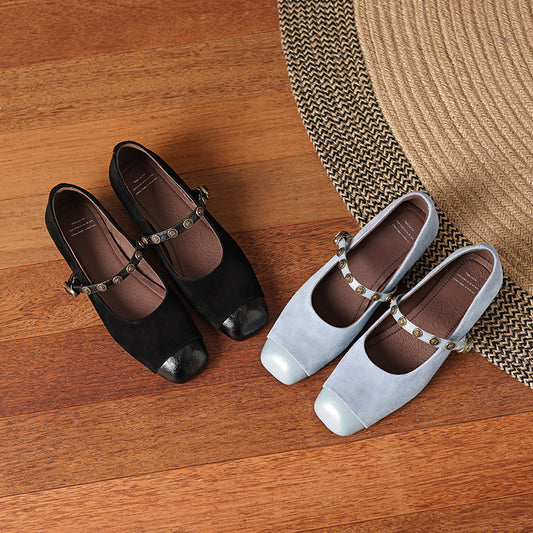 Women's Retro Patchwork Suede Buckle Up Low Heel Mary Jane Shoes