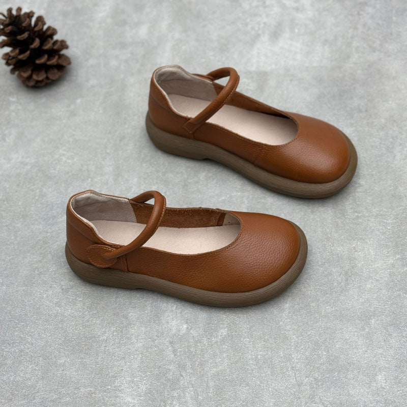 Women's Leather Handmade Soft Sole Round Toe Mary Jane Flat Shoes