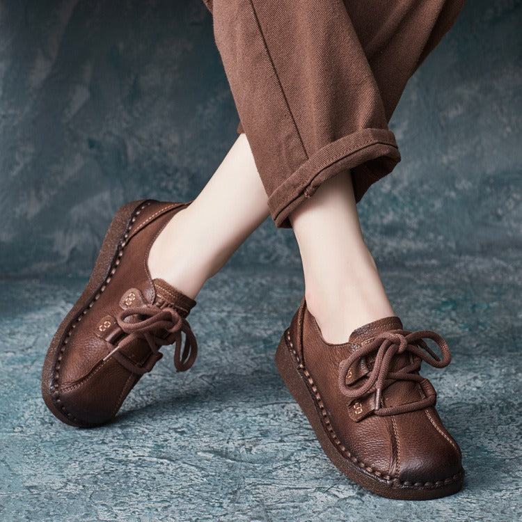 Women's Casual Walking Shoe Leather Soft Sole Lace Up Flat Shoes