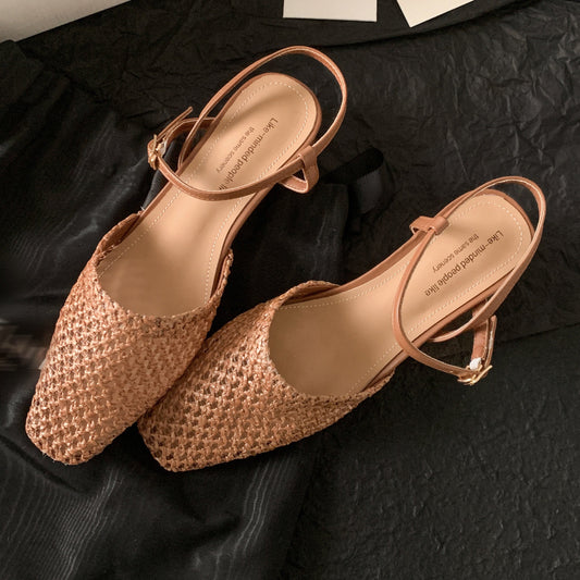 Women's Square Toe Low Block Heel Sandals – Woven Mesh, Buckle