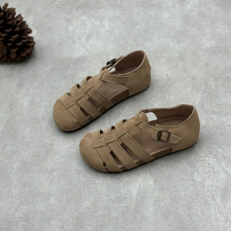 Women's Closed Toe Retro Flat Suede Leather Woven Casual Sandals