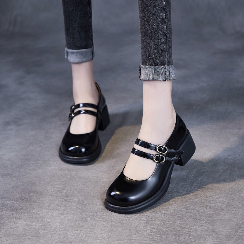 Double Buckle Leather Block heel Mary Jane Pumps Women's Shoes