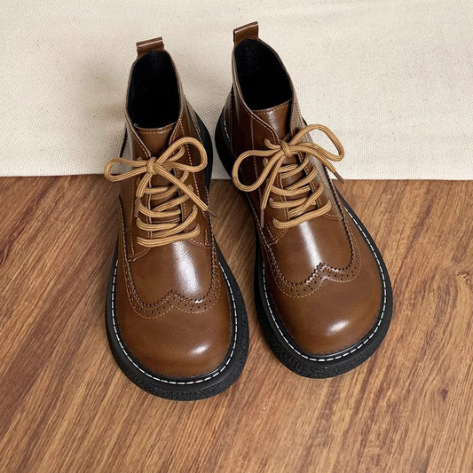 Womens Platform Retro Wide Toe Box Brogue Style Lace-up Boots