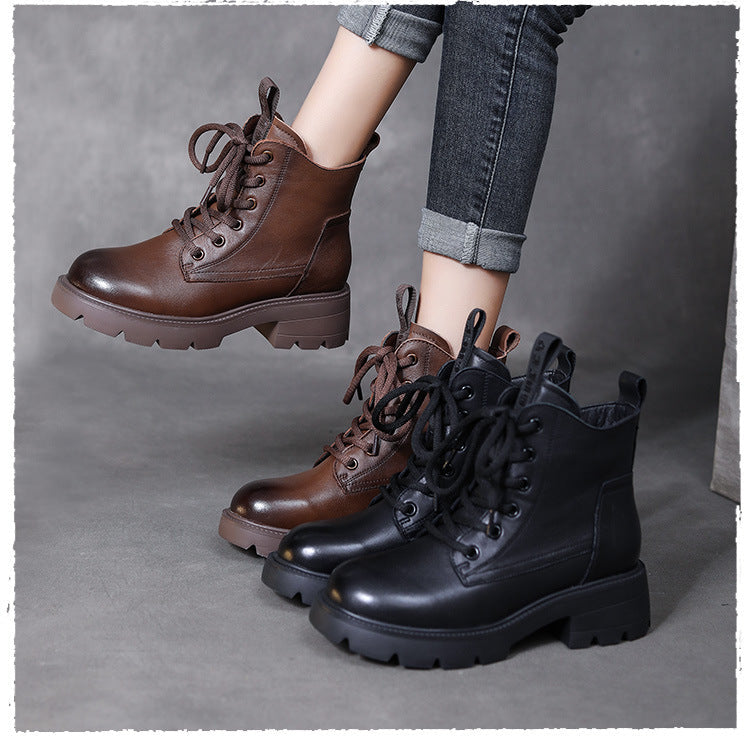 Women's Retro Platform Leather Ankle Boots – Zip & Lace-Up Design