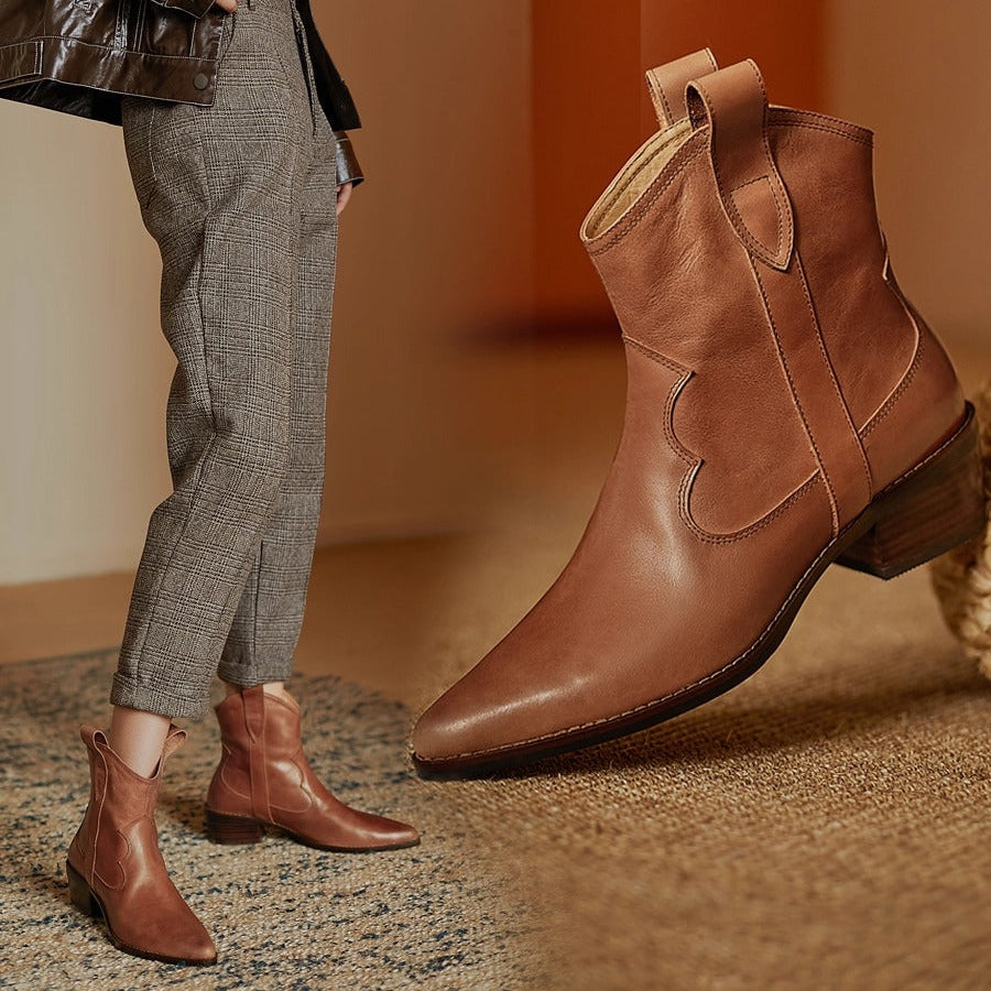 Women's Genuine Leather Western Ankle Boots – Pointed Toe & Block Heel