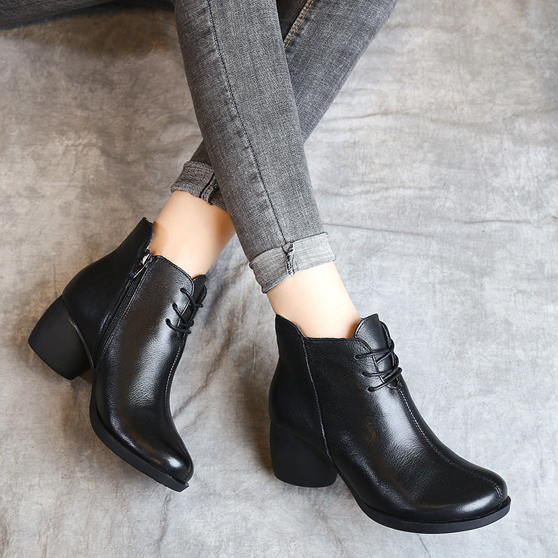 Women's Vintage Comfort Leather Block Heel Zipper Casual Ankle Boots