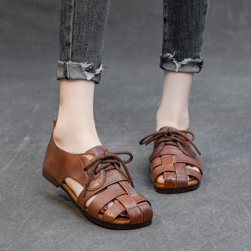 Women's Leather Woven Casual Lace-Up Flat Comfort Sandals