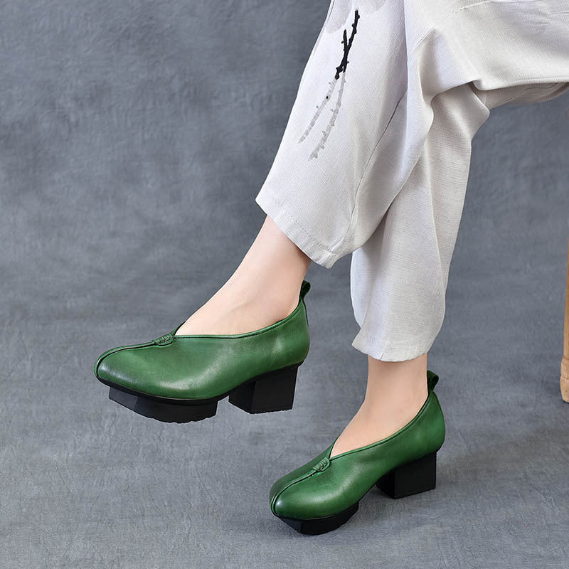 Women's Block Heel Leather High Heels – Slip-On Japanese Design