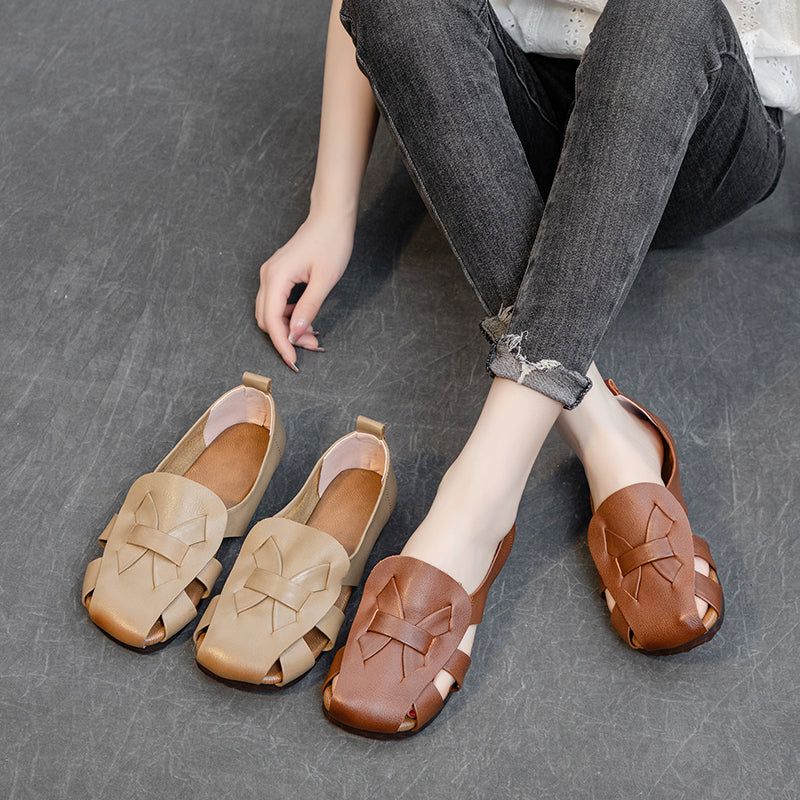 Women's Leather Summer Woven Hollow Out Flat Breathable Sandals