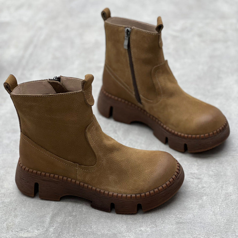 Women's Leather Side Zipper Platform Boots – Comfortable & Casual