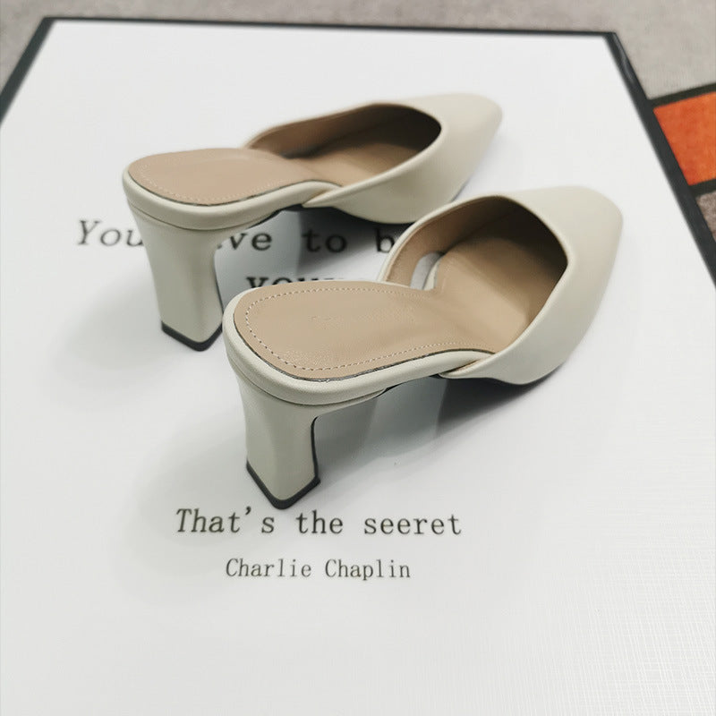 Women's Leather Square Toe High Heeled Mule Shoes