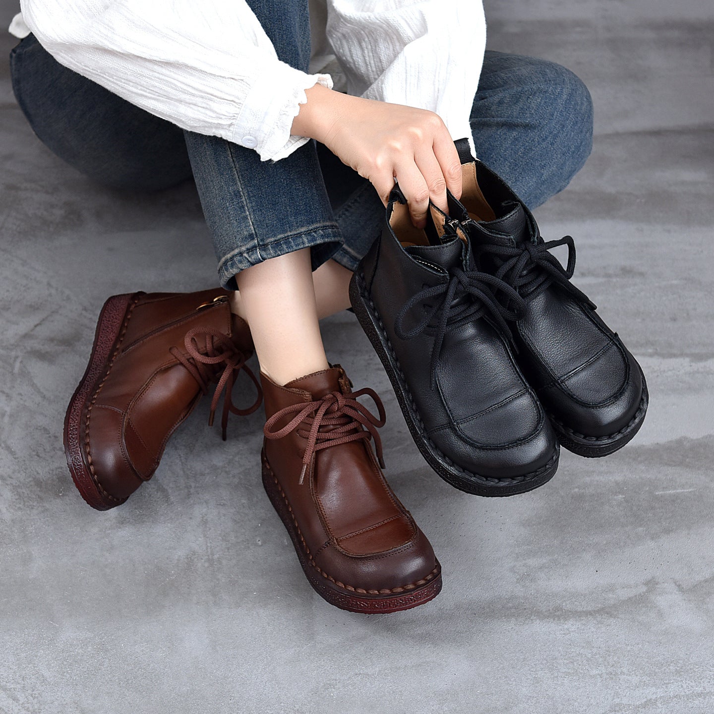 Women's Leather Flat Ankle Boots – Comfortable Casual Lace-Up Zipper Style