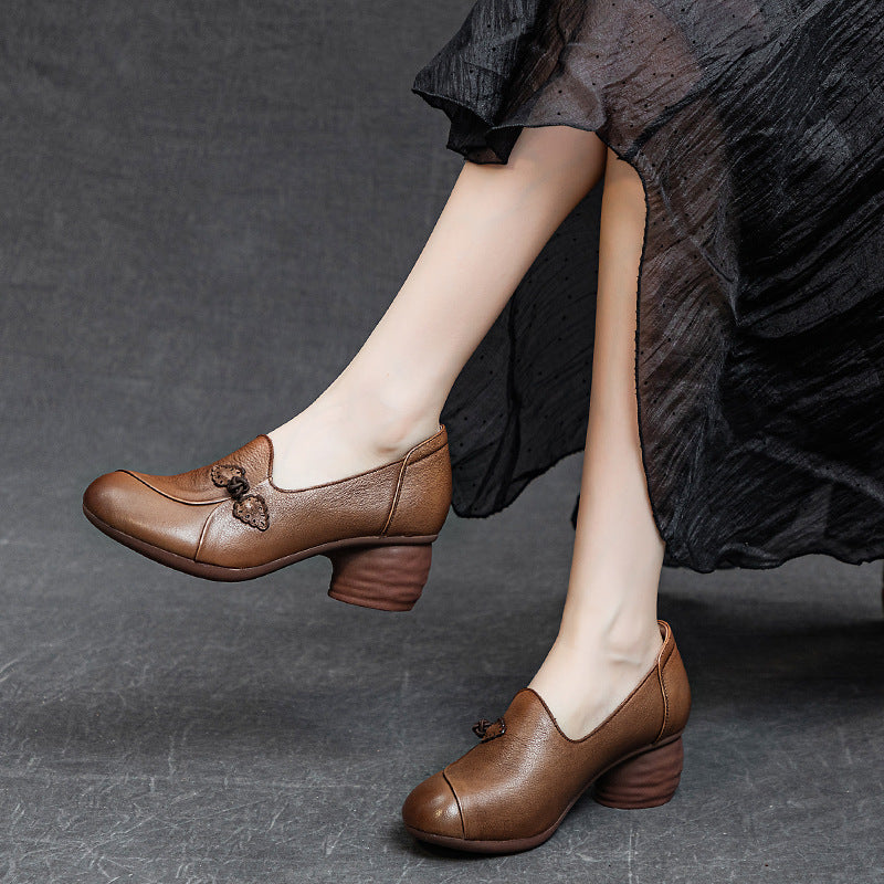 Women's Elegant Slip-On Mid Heels – Inspired by Chinese Frog Button Design