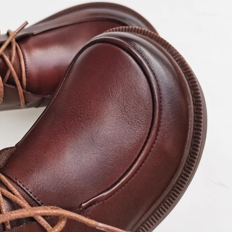 Womens Genuine Leather Wide Toe Lace-up Ankle Boots