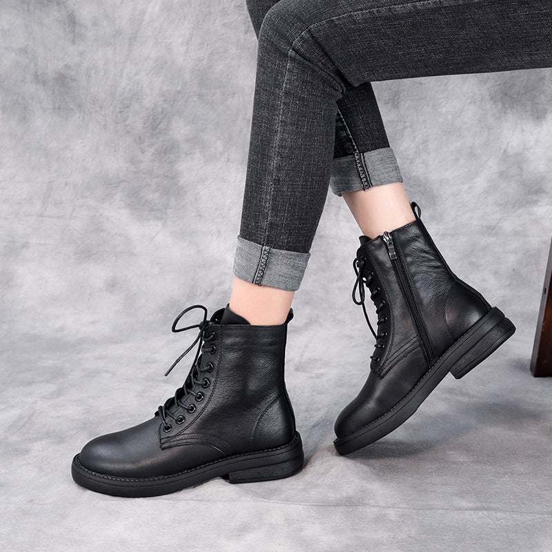 Women's Leather Casual Lace-Up Ankle Boots with Side Zipper Closure