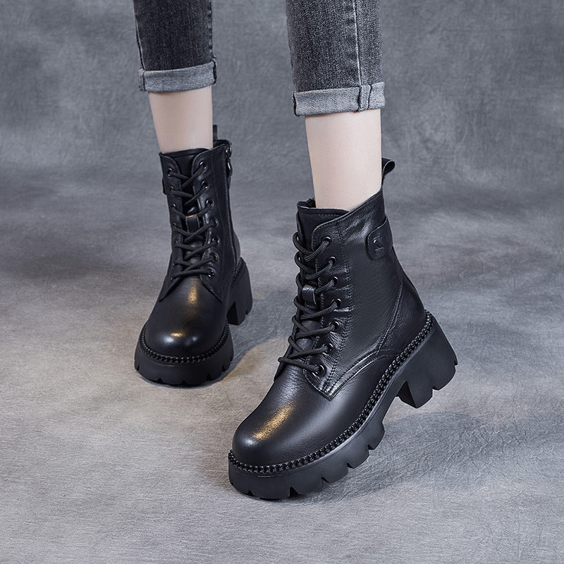 Women's Genuine Leather Combat Boots – Platform Chunky Heel with Side Zipper