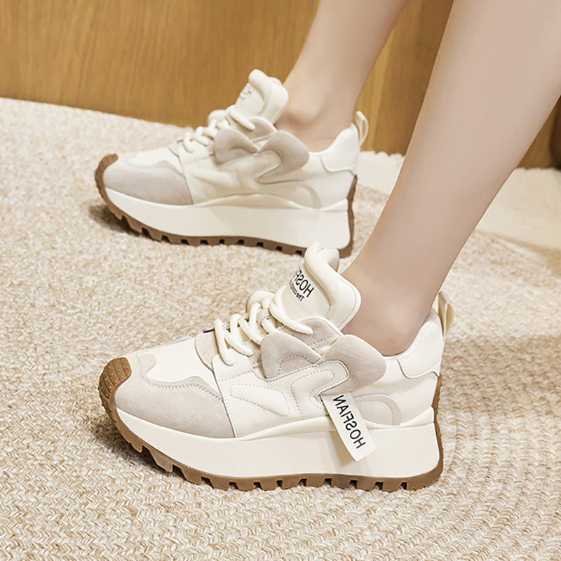 Women's Platform Leather Sneakers – Casual Cowhide Chunky Sole Trainers