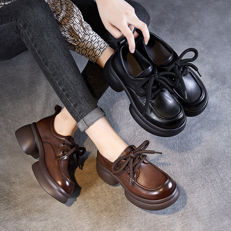 Women's Casual Platform Shoes – Lightweight Genuine Leather Lace-Up Design