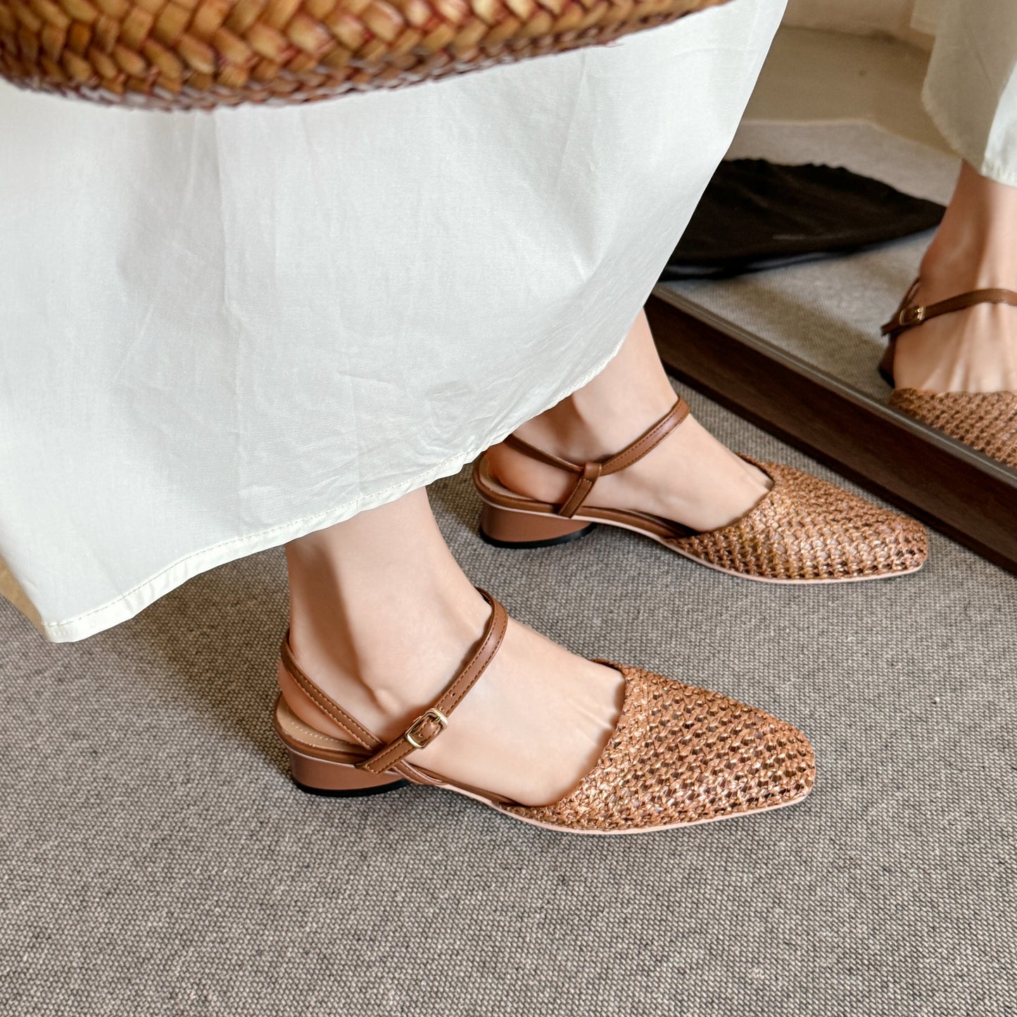 Women's Square Toe Low Block Heel Sandals – Woven Mesh, Buckle