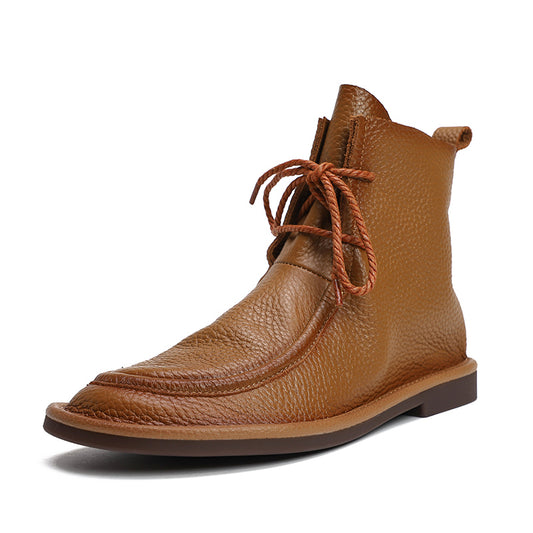 Women's Handmade Vintage Soft Leather Flat Lace-Up Ankle Boots Comfort Fit